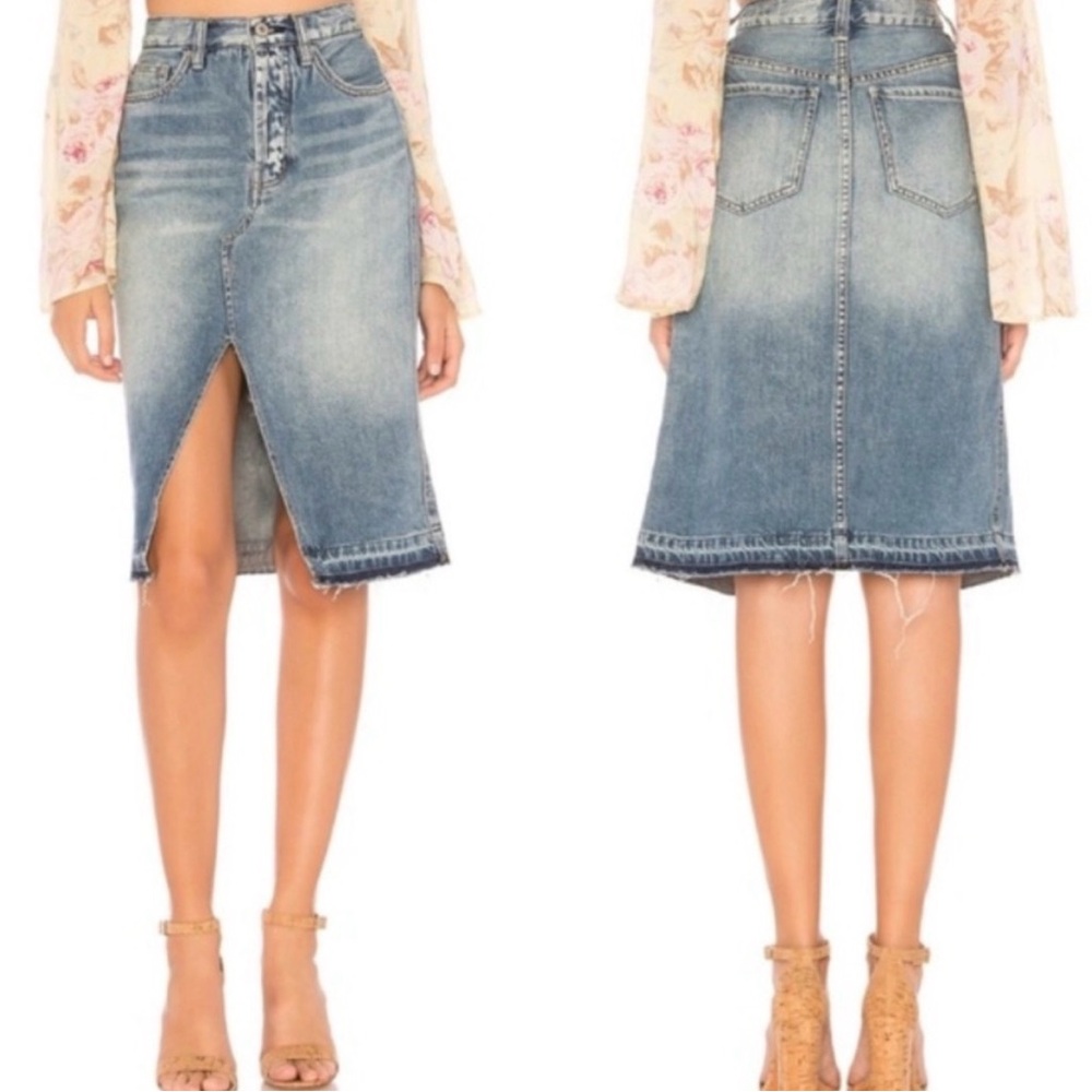 Free People Cloudless‎ Denim Raw Hem Midi Skirt 24 Classic Chic Summer Spring